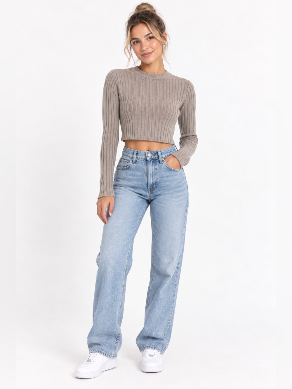 Forever 21 Beige Ribbed Mock Neck Cropped Long Sleeve Top | NWT Size M